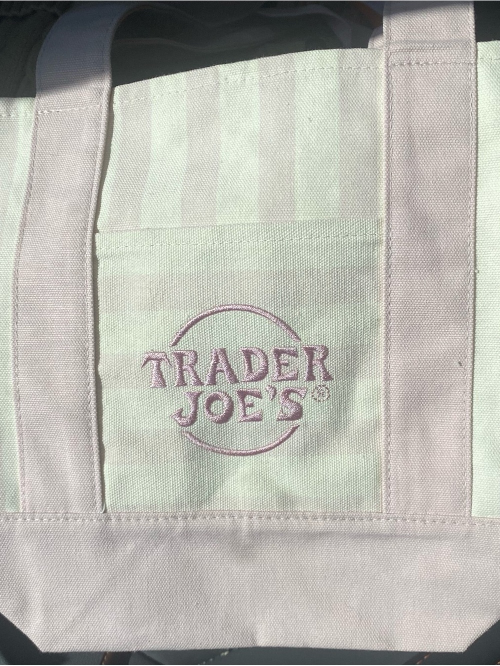 Trader Joe's striped Canvas mini Tote in Light Pink color